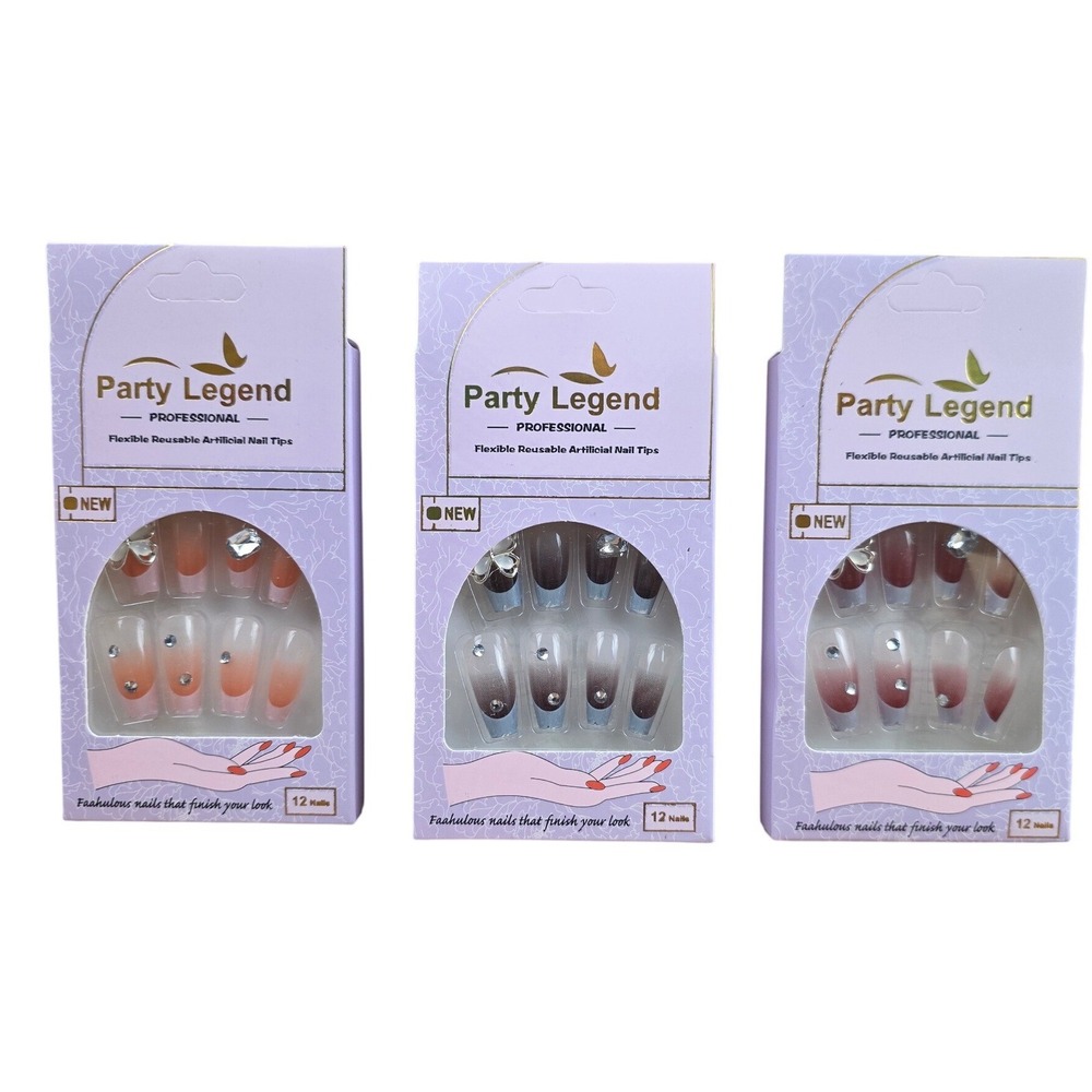 Party Legend Artificial Nail Tips 12ct Multicolor New Ombre Butterfly Rhinestone